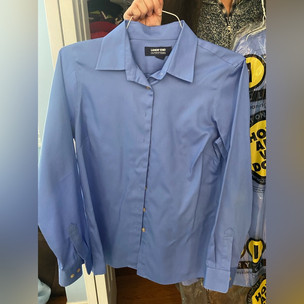 Three blue Lands’ End work shirts. Barely used, new quality. Can buy any amount.